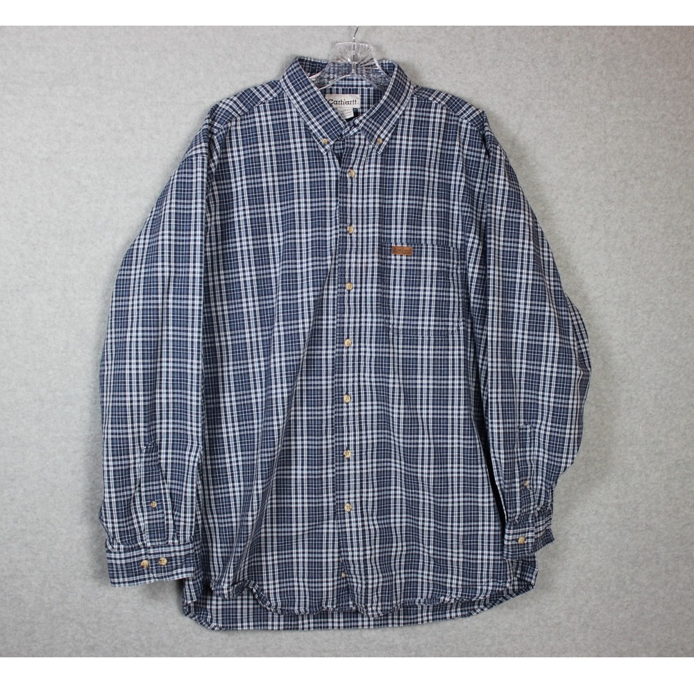 Carhartt Mens Vintage LS Button Down Shirt Outdoor Wear Blue Plaid Cotton XLTall
